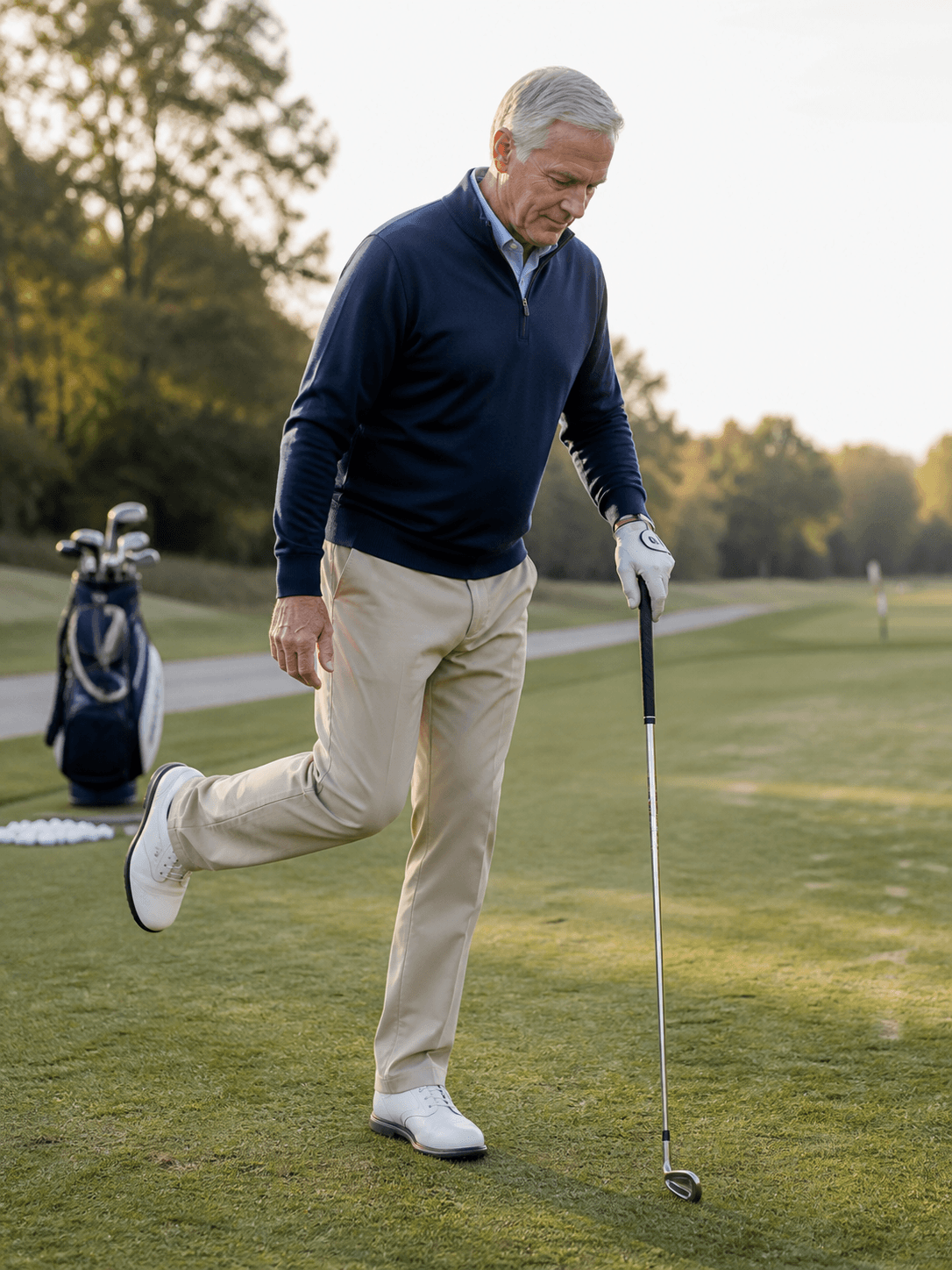 A man golfer in his late sixties practicing a supported balance drill on the range