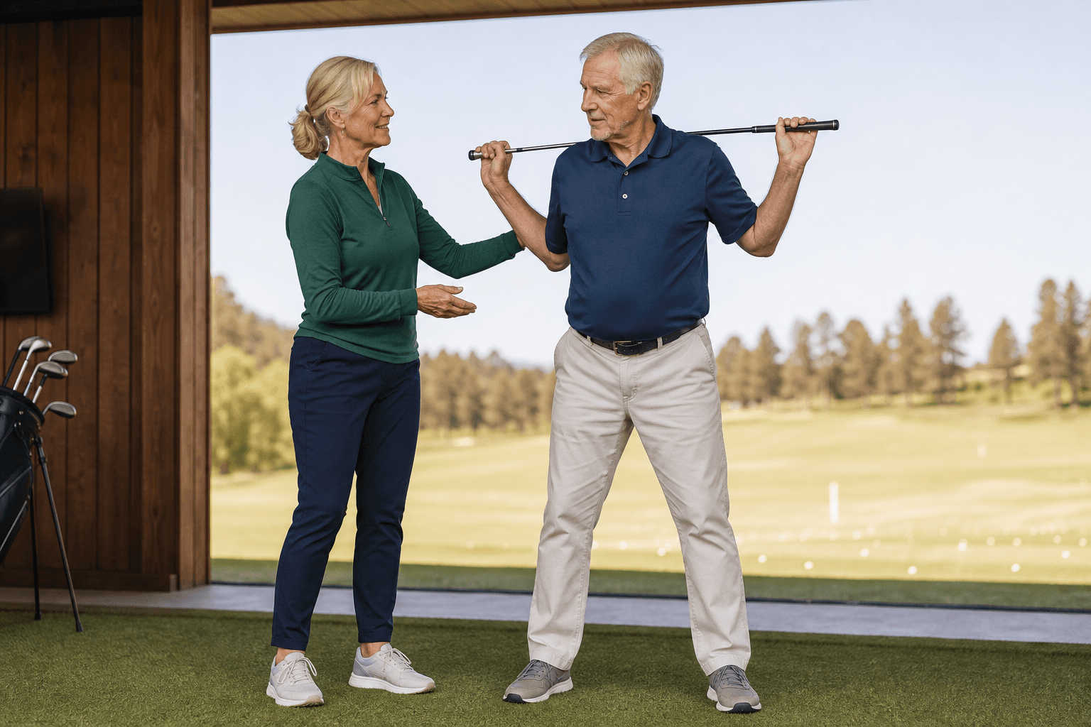 A female golf mobility coach over fifty guiding a male golfer in his late sixties