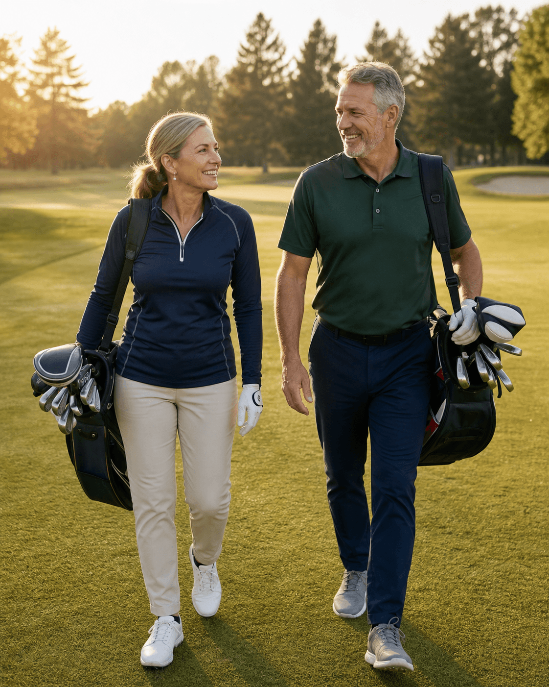 A woman and man in their sixties walking the golf course with their clubs