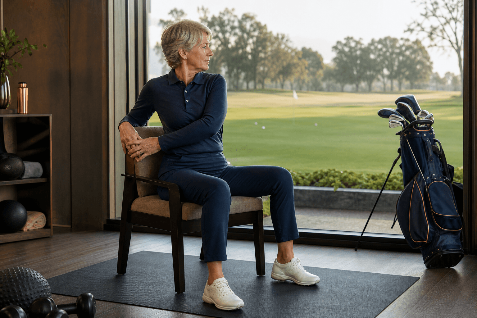 A woman golfer in her sixties practicing a controlled seated rotation overlooking the course