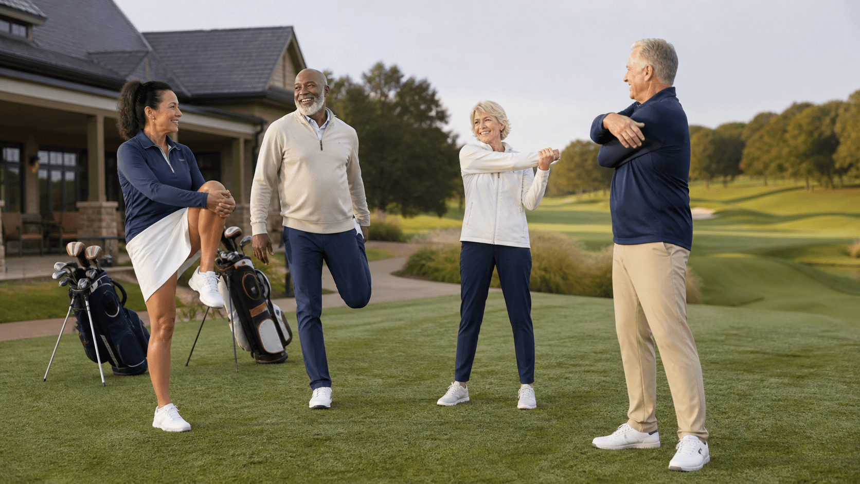 Two women and two men over fifty warming up together beside the golf course
