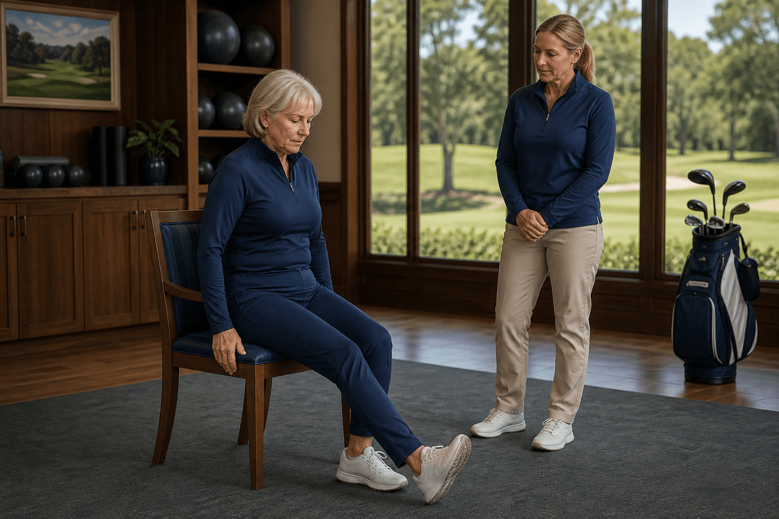A woman golfer in her late sixties performing a careful seated mobility check with a female coach